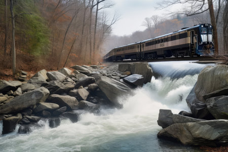 train crossing a bridge over a rushing river, created with generative aiの素材