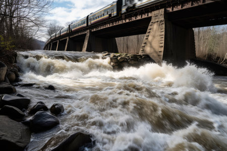 train crossing a bridge over a rushing river, created with generative aiの素材