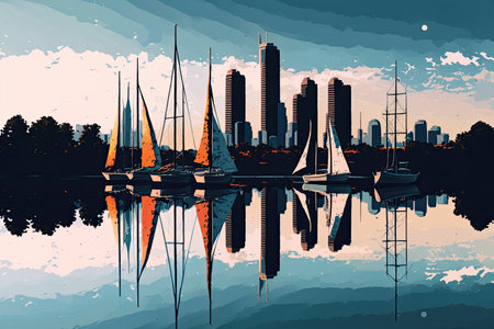 skyline reflected in reservoir, with sailboats floating on the water, created with generative aiの素材