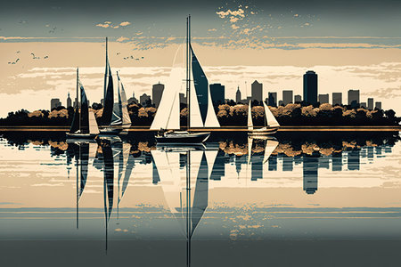 skyline reflected in reservoir, with sailboats floating on the water, created with generative aiの素材