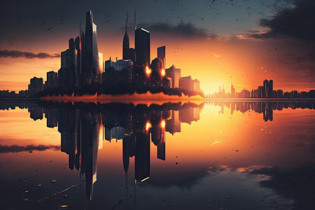 beautiful sunset, with skyscrapers reflecting in the water and sky, created with generative aiの素材
