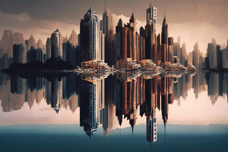 cityscape, with skyscrapers reflected in calm body of water, created with generative aiの素材