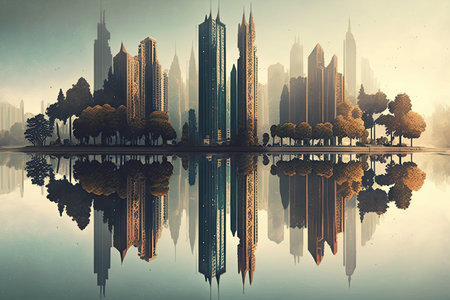 reflection of towering skyscrapers in the waters of a serene lake, created with generative aiの素材
