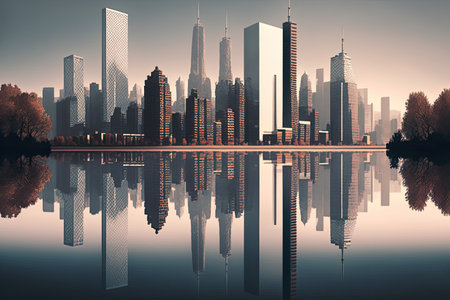 reflection of skyscrapers on a calm lake, with clear reflections and still water, created with generative aiの素材