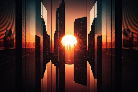 reflection of skyscrapers at sunrise, with the sun peeking over the horizon, created with generative aiの素材