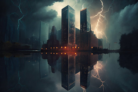 reflection of skyscrapers and stormy sky, with lightning bolts illuminating the buildings, created with generative aiの素材