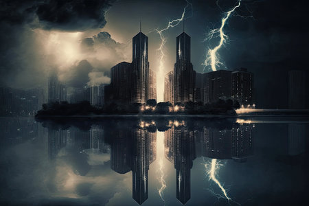 reflection of skyscrapers and stormy sky, with lightning bolts illuminating the buildings, created with generative aiの素材