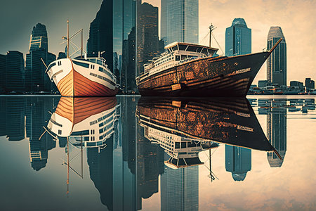 reflection of skyscrapers on the water, with boats in the foreground, created with generative aiの素材