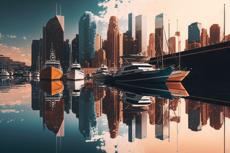 reflection of skyscrapers on the water, with boats in the foreground, created with generative aiの素材
