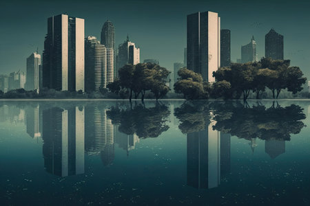 reflection of skyscrapers in a tranquil lake, created with generative aiの素材
