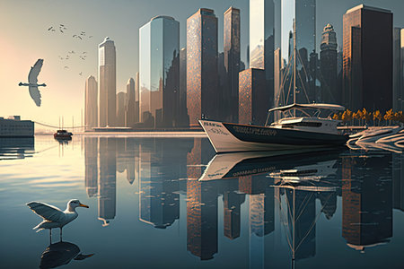 reflection of skyscrapers on the calm waters, with a boat and seagulls in the background, created with generative aiの素材