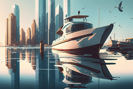 reflection of skyscrapers on the calm waters, with a boat and seagulls in the background, created with generative aiの素材