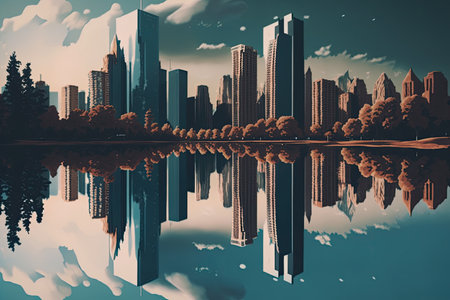 reflection of skyscrapers in a glassy lake, with placid water and serene surroundings, created with generative aiの素材