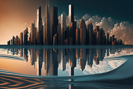 reflection of towering skyscrapers surrounded by rolling waves, created with generative aiの素材