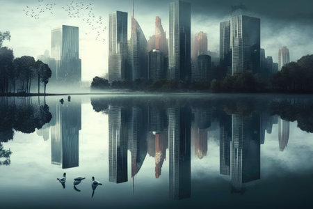 reflection of skyscrapers in tranquil lake, with ducks swimming nearby, created with generative aiの素材