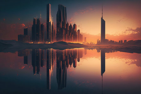 reflection of towering skyscrapers and sunset in the ocean, created with generative aiの素材