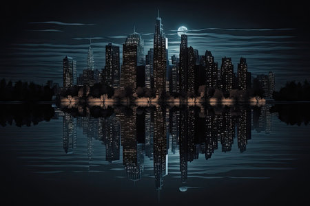 reflection of the cityscape and its towering skyscrapers on calm, dark lake, created with generative aiの素材