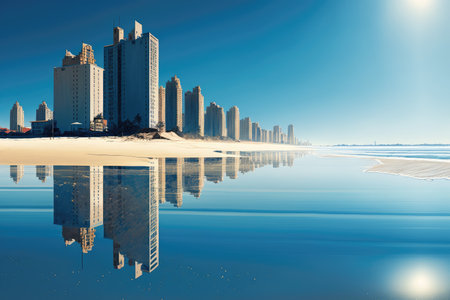 pristine beach, with skyscrapers reflected in the water and a clear blue sky above, created with generative aiの素材