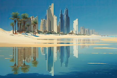pristine beach, with skyscrapers reflected in the water and a clear blue sky above, created with generative aiの素材