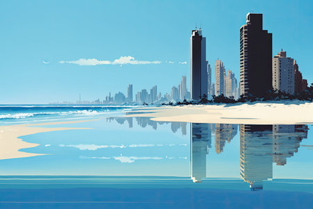 pristine beach, with skyscrapers reflected in the water and a clear blue sky above, created with generative aiの素材