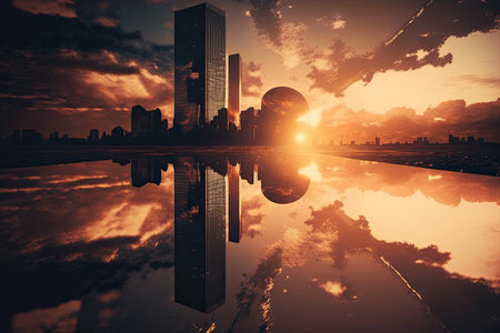 reflection of skyscrapers and sunset, with sun shining through the clouds, created with generative aiの素材