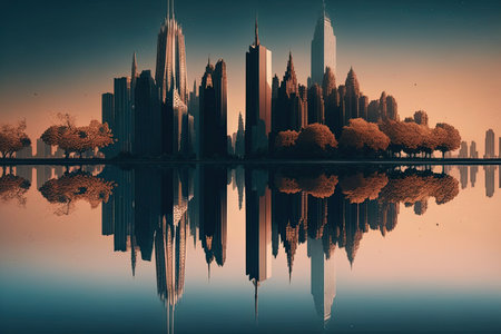 reflection of towering skyscrapers on the calm surface of a lake, created with generative aiの素材