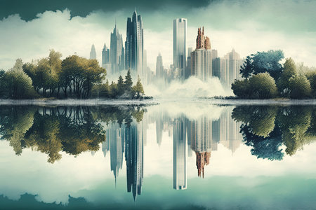 reflection of skyscrapers in tranquil lake, with the natural landscape visible in the background, created with generative aiの素材