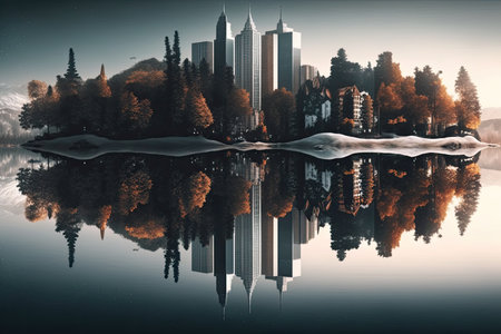 reflection of towering buildings on the still waters of a lake, created with generative aiの素材
