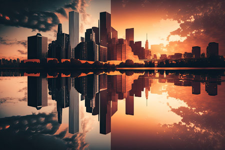 reflection of skyscrapers and sunset in the city skyline, created with generative aiの素材