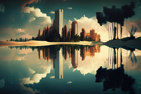 reflection of towering skyscrapers in a peaceful lake, created with generative aiの素材