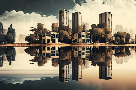 reflection of towering buildings in the waters of a tranquil lake, created with generative aiの素材
