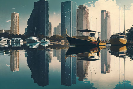 reflection of skyscrapers on still lake, with fishing boats in the background, created with generative aiの素材