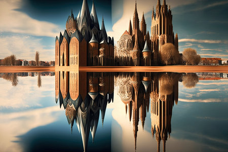 reflection of towering structures in the still waters of a lake, created with generative aiの素材