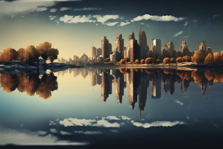 reflection of the city skyline in the calm waters of a lake, created with generative aiの素材