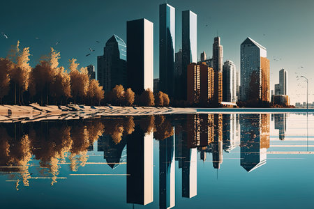 reflection of skyscrapers in the calm waters of a lake, created with generative aiの素材