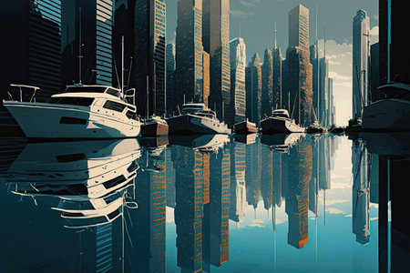 a reflection of glass skyscrapers in the water, with boats in the background, created with generative aiの素材