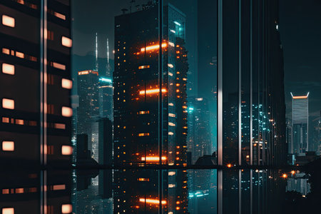 reflection of a modern high-rise with the lights of the city behind it, created with generative aiの素材