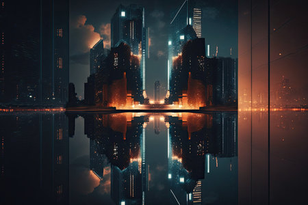 reflection of a modern high-rise with the lights of the city behind it, created with generative aiの素材