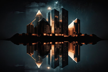 reflection of skyscrapers against a dark sky, with the stars shining brightly, created with generative aiの素材