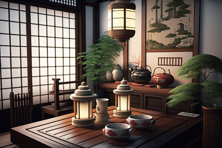 serene and peaceful kitchen of japanese restaurant with bamboo, lanterns and tea cups, created with generative aiの素材