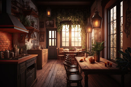 a cozy restaurant kitchen, with warm tones and natural light, for a comfortable and inviting atmosphere, created with generative aiの素材