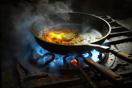 close-up of sizzling frying pan, preparing breakfast for hungry customers, created with generative aiの素材