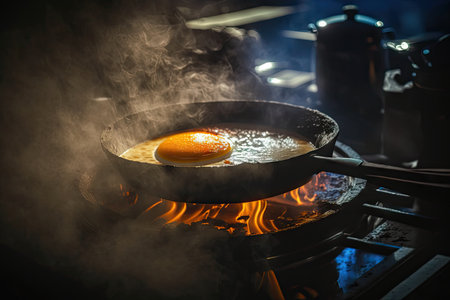 close-up of sizzling frying pan, preparing breakfast for hungry customers, created with generative aiの素材