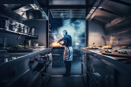 person, cooking up a storm in modern and sleek restaurant kitchen, created with generative aiの素材