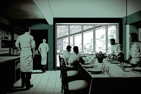 dining room, with view of the kitchen and chef preparing menu items for guests, created with generative aiの素材