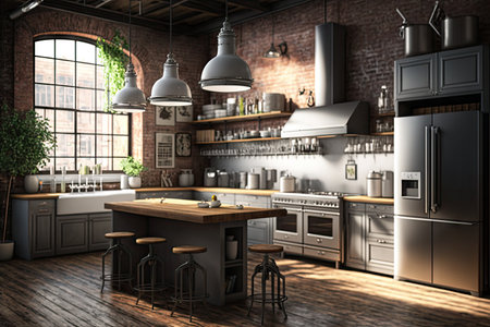 industrial kitchen with stainless steel appliances and hanging lamps, created with generative aiの素材