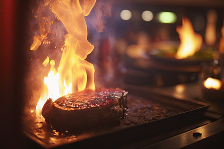 close-up of sizzling steak in restaurant kitchen, with hot flames and smoke in the background, created with generative aiの素材