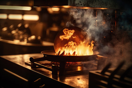 sizzling grill, with flames and smoke for added ambiance in restaurant kitchen, created with generative aiの素材