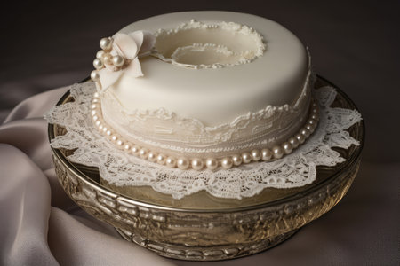 artfully decorated ring cake with lace and pearl accents, created with generative aiの素材