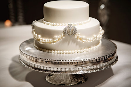 ring cake with pearl and diamond accents, on elegant silver platter, created with generative aiの素材